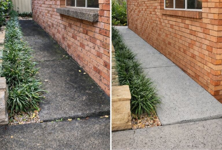 Before and After Pressure Washed Concrete Sidewalk Next to Brick House