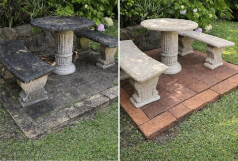 Before and After Pressure Washed Stone Pattio Table and Bench