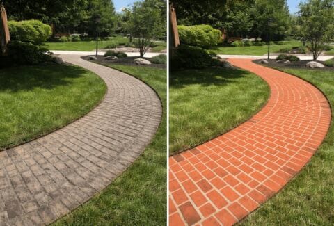 Brick Sidewalk Pressure Wash Before andf After