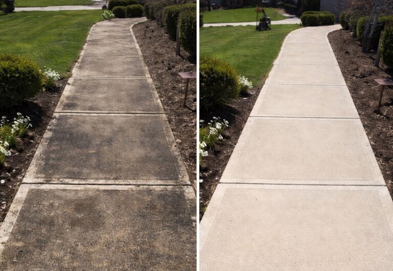 Dirty Concrete Sidewalk Before and After Pressure Wash