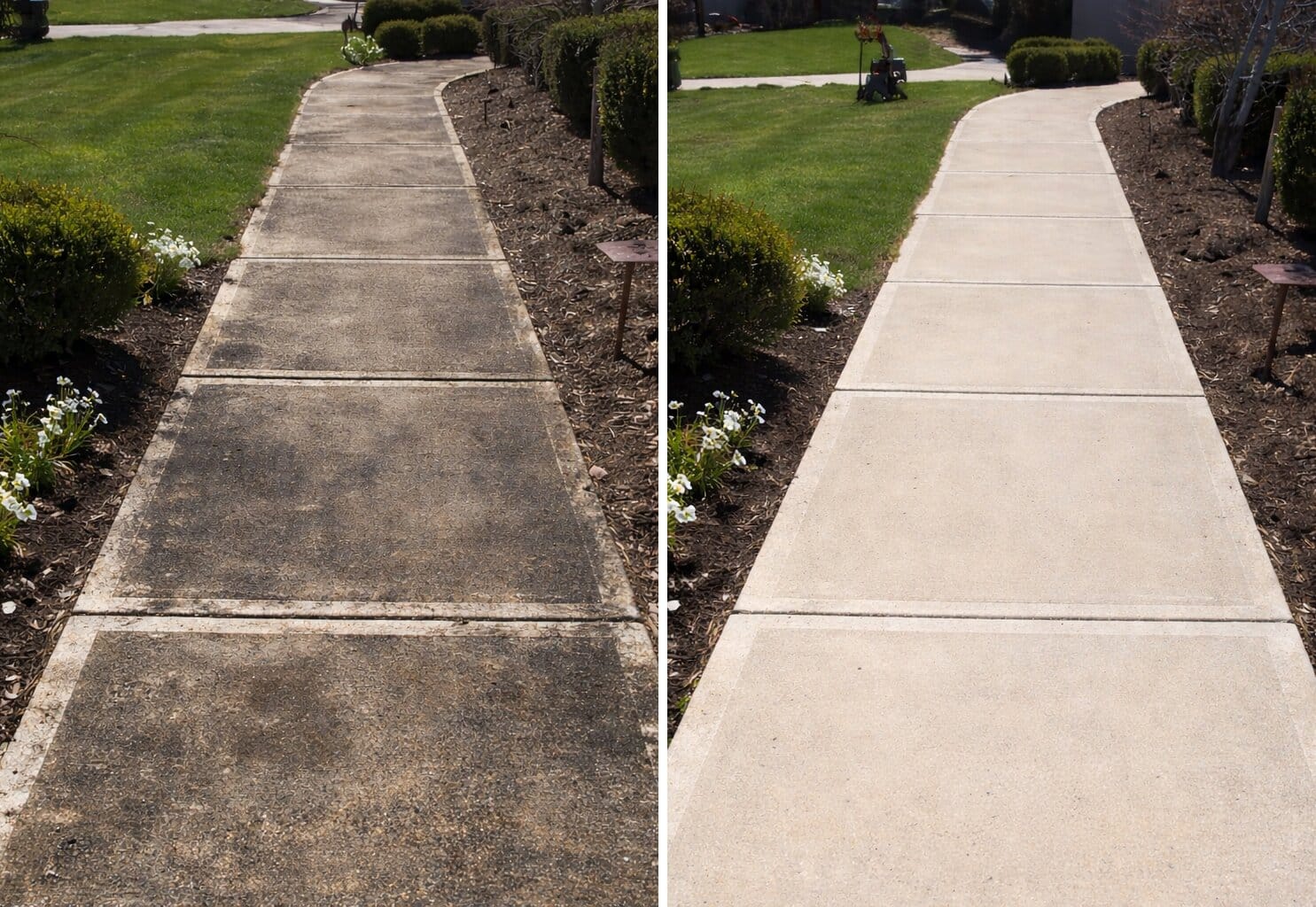 Dirty Concrete Sidewalk Before and After Pressure Wash
