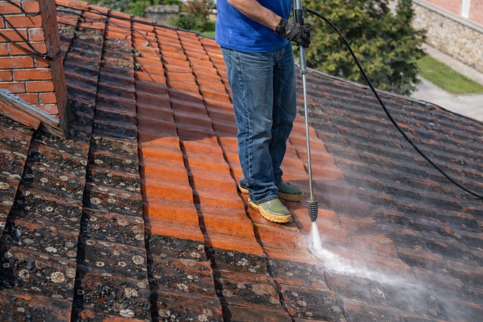 Man Power Washing a Red Tile Roof