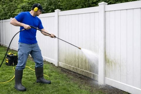 Man Pressure Washing A Dirty White Vinyl Fence