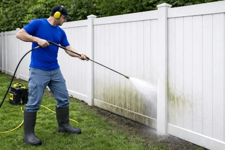 Man Pressure Washing A Dirty White Vinyl Fence