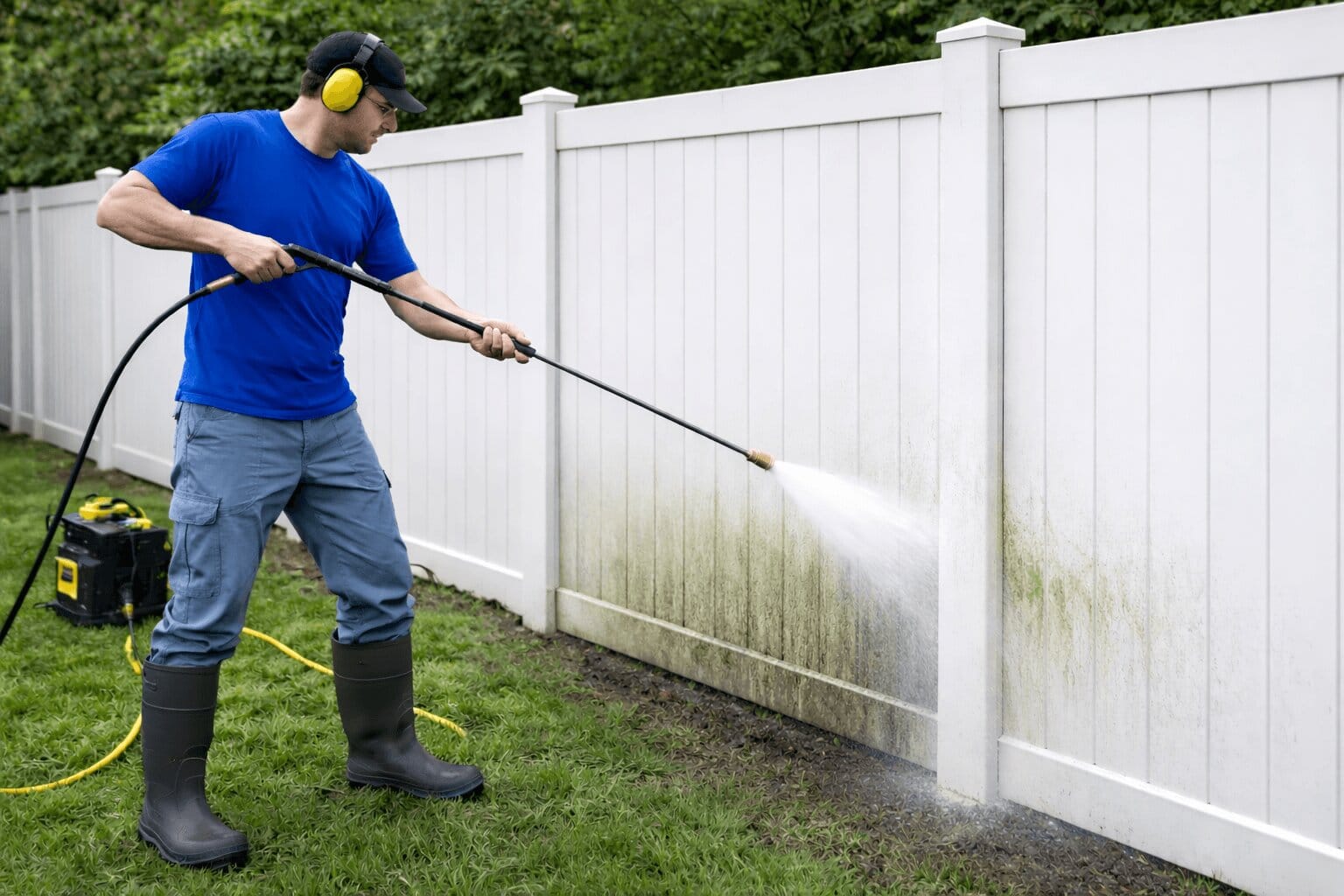 Man Pressure Washing A Dirty White Vinyl Fence