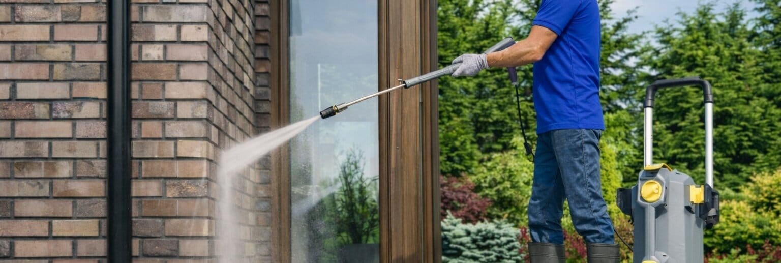 Man Pressure Washing Brick House Wide Angle