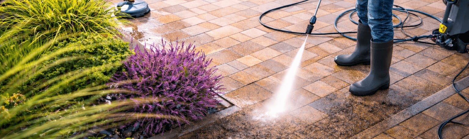 Man Pressure Washing Dirt Off Patio Wide Angle