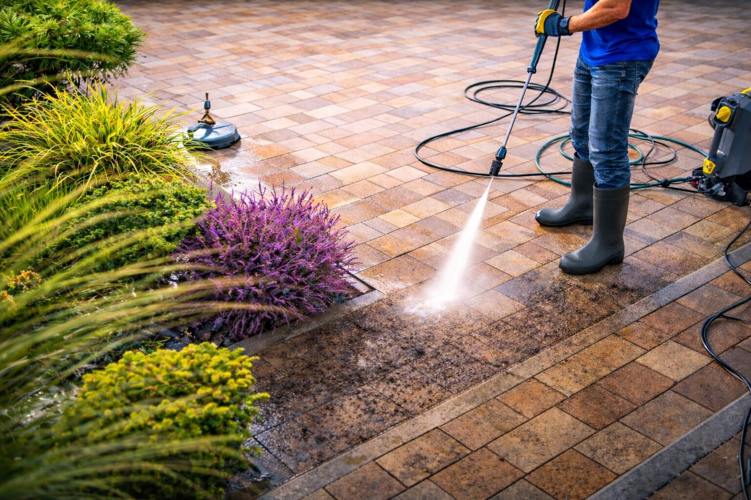 Man Pressure Washing Dirt Off Patio