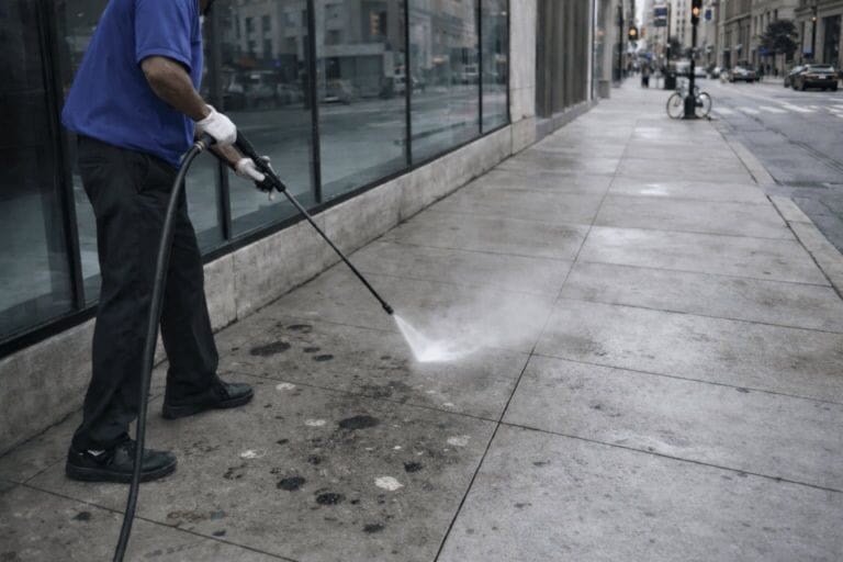 Man Pressure Washing Dirty City Sidewalk