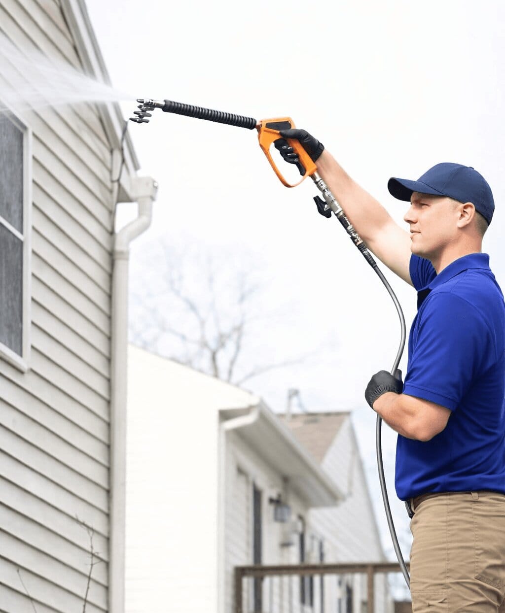 Man Pressure Washing Side of House