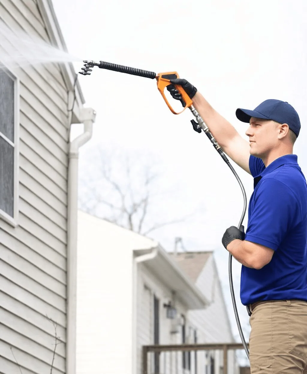 Man Pressure Washing Side of House
