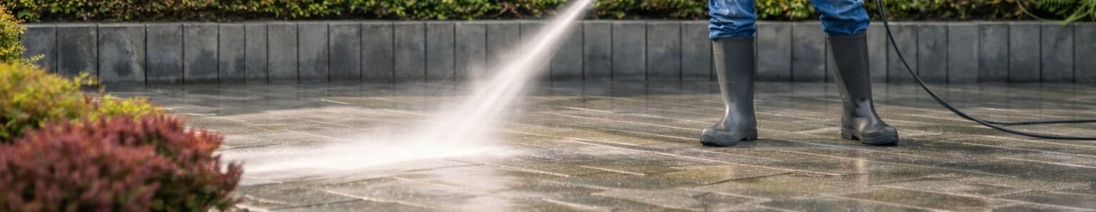 Pressure Washing A Garden Patio Area Wide Angle