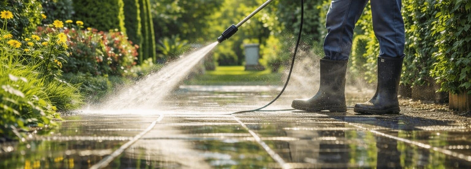 Pressure Washing A Sidewalk