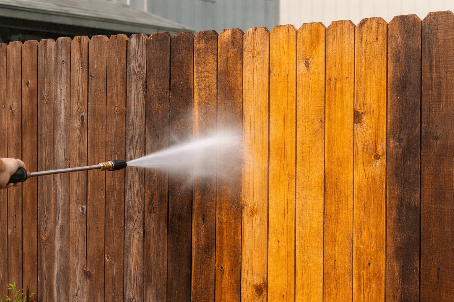 Pressure Washing a Dirty Wooden Fence