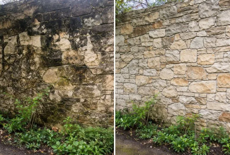 Stone Wall Before and After Power Washing